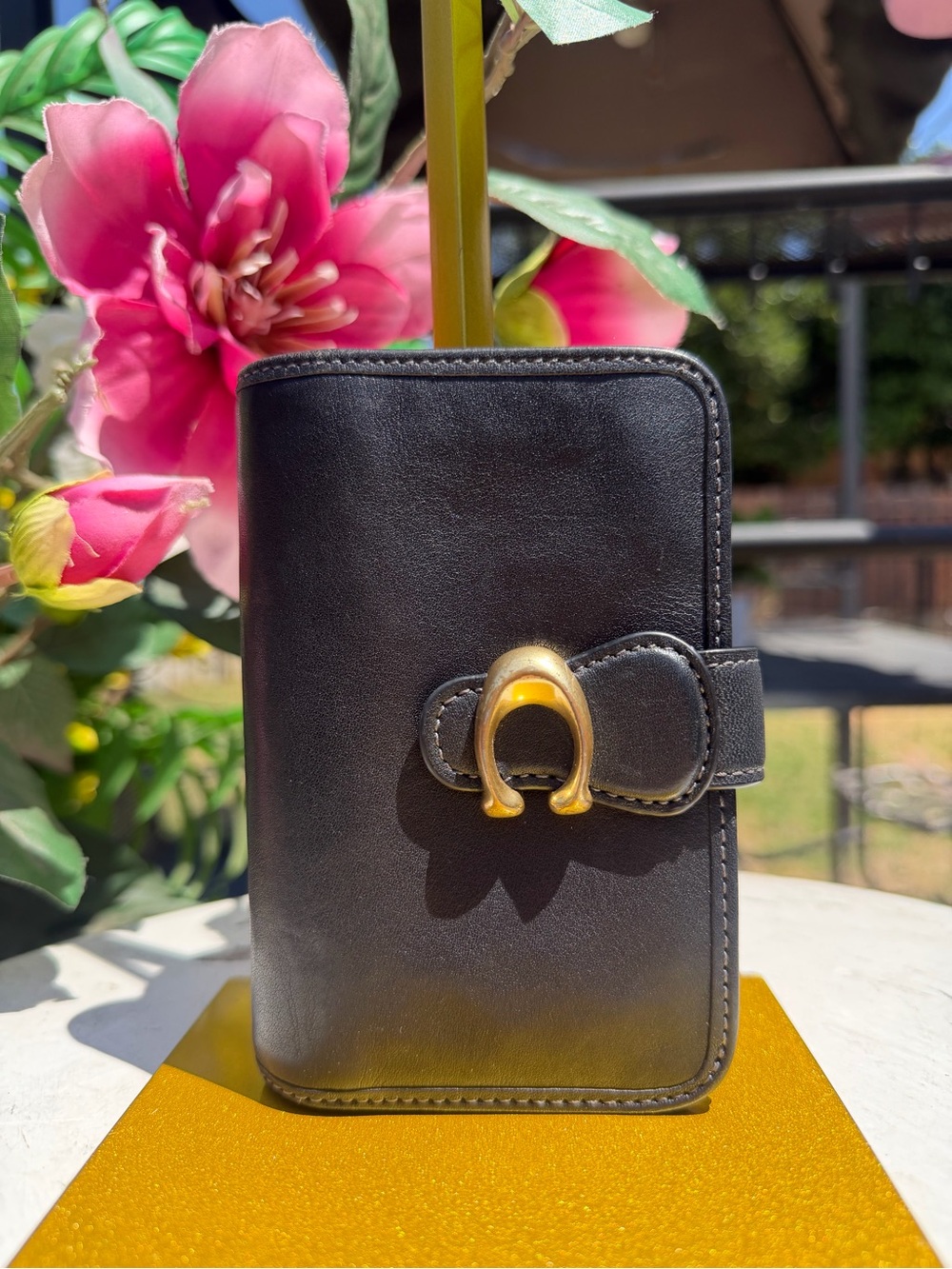 Coach Black Leather Wallet Phone Case with Gold Horseshoe Accent